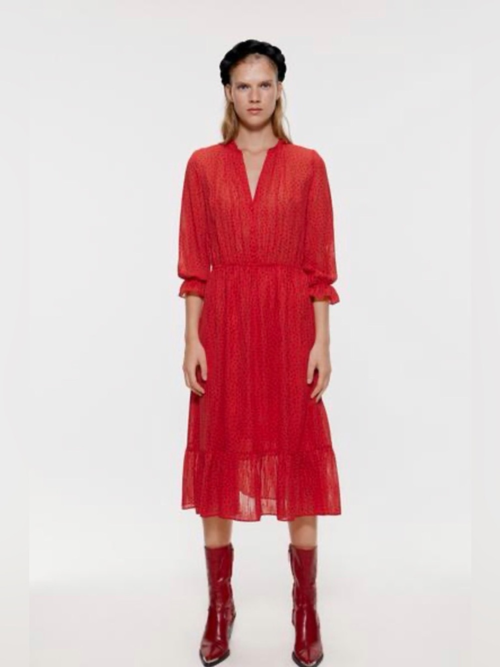NWT Zara Red Polka Dot Midi Dress Ruffle Long Sleeve Flowy Size Large
